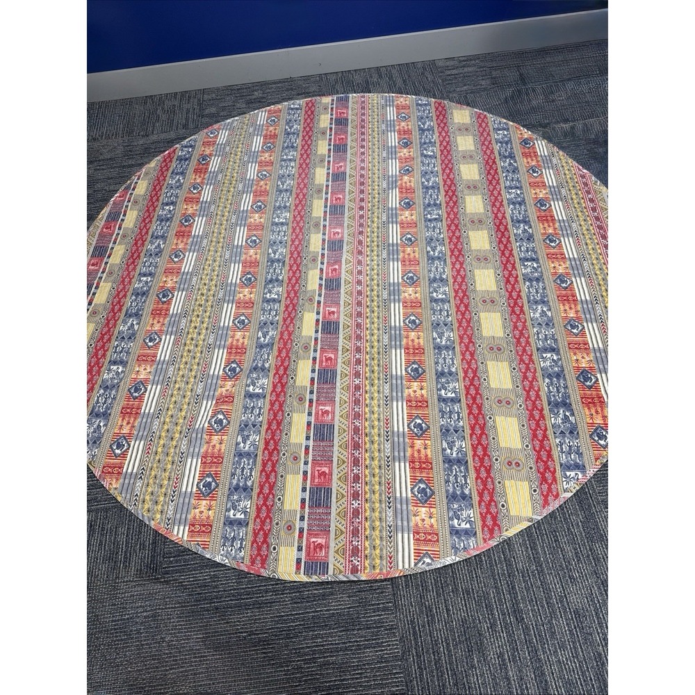 Vintage 88" Quilted Circle Cotton Tablecloth Throw Blanket Boho 1970s Stripe